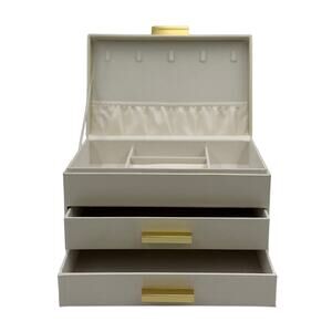3-Tier Ivory Faux Leather Jewelry Box – Champagne Gold Handles
